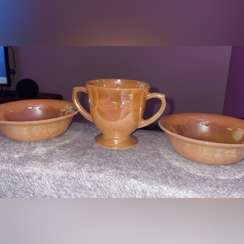Vintage Anchor Hocking Fire King Peach Luster Laurel Leaf Set